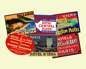 Hotel Luggage Label 6 Pack, Travel Stickers from the Golden Age of Travel, 4" x 3" Decals for Suitcases, #S2