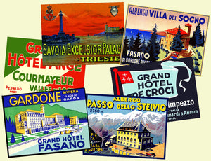 Hotel Luggage Label 6 Pack, Travel Stickers from the Golden Age of Travel, 4" x 3" Decals for Suitcases, #S3