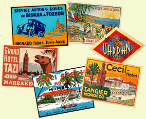 Hotel Luggage Label 6 Pack, Travel Stickers from the Golden Age of Travel, 4" x 3" Decals for Suitcases, #S4