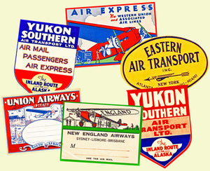Airline Luggage Label 6 Pack, Travel Stickers from the Golden Age of Travel, 4" x 3" Decals for Suitcases, #S6
